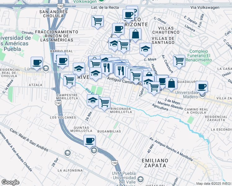 map of restaurants, bars, coffee shops, grocery stores, and more near 29 Avenida Morillotla in San Andrés Cholula