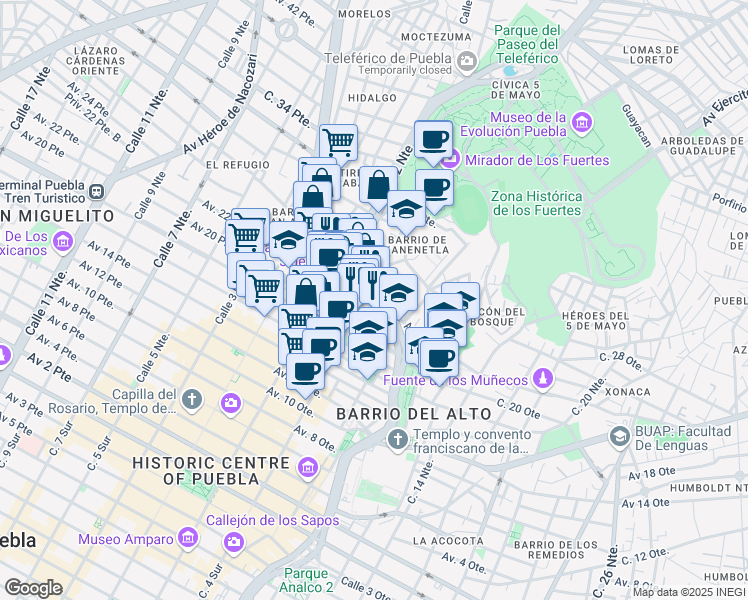 map of restaurants, bars, coffee shops, grocery stores, and more near 404 Boulevard Héroes del 5 de Mayo in Heróica Puebla de Zaragoza