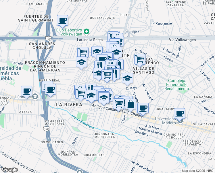 map of restaurants, bars, coffee shops, grocery stores, and more near 29 Avenida Morillotla in San Andrés Cholula