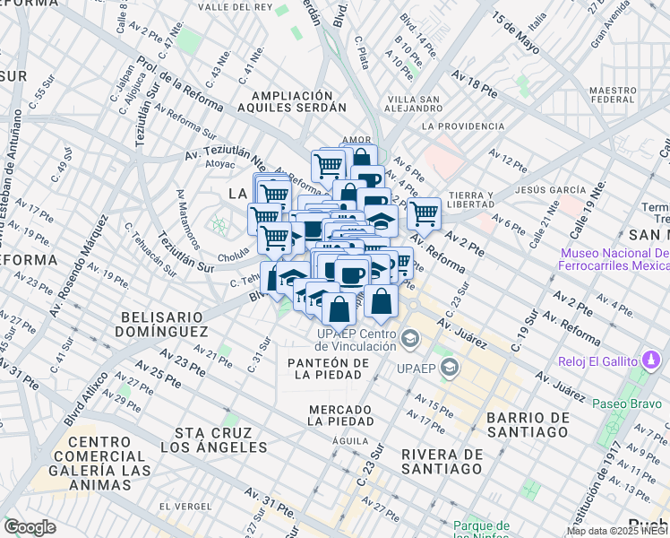 map of restaurants, bars, coffee shops, grocery stores, and more near 2915 Avenida Juarez in Heroica Puebla de Zaragoza