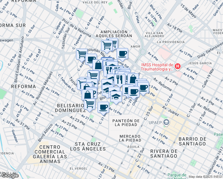 map of restaurants, bars, coffee shops, grocery stores, and more near 60 Calle Tehuacán Sur in Heroica Puebla de Zaragoza