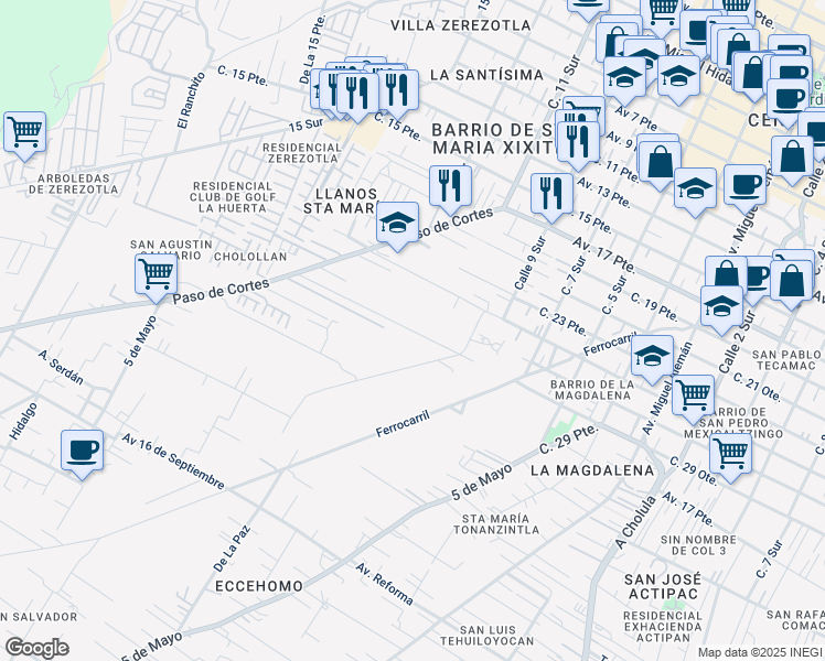 map of restaurants, bars, coffee shops, grocery stores, and more near 1106 5 de Mayo in Cholula de Rivadavia