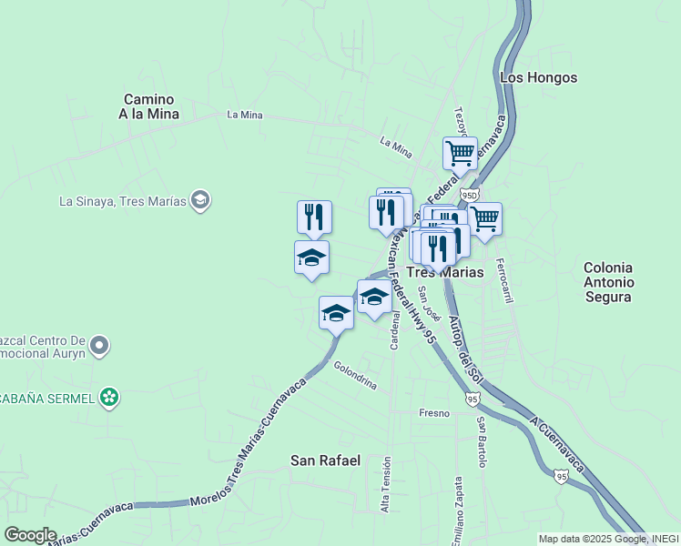 map of restaurants, bars, coffee shops, grocery stores, and more near Calle Zacapexco in Tres Marías