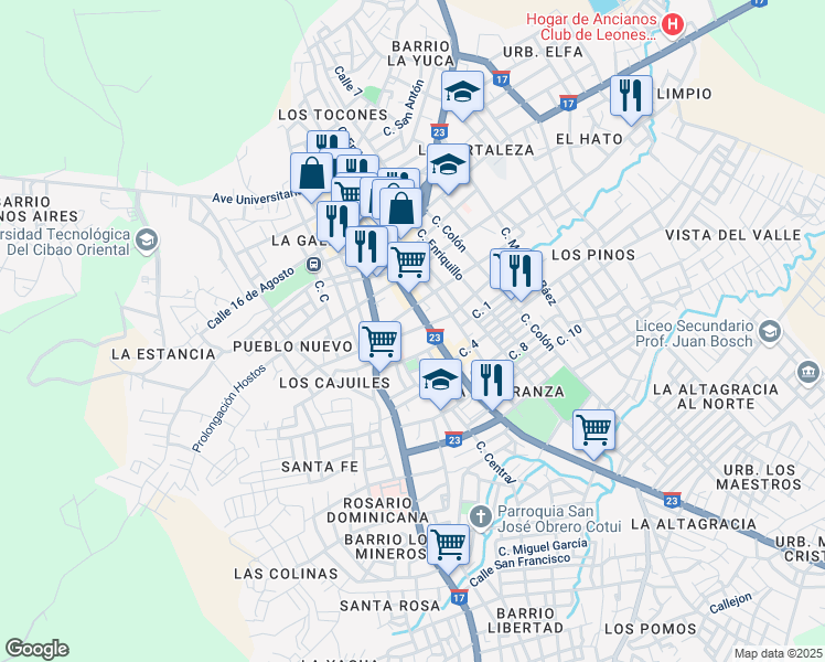 map of restaurants, bars, coffee shops, grocery stores, and more near Calle Padre Fantino in Cotuí