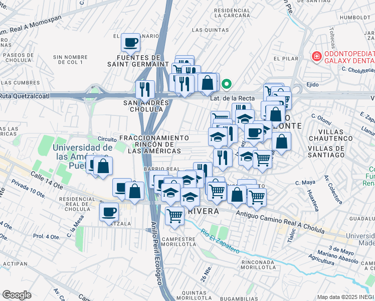 map of restaurants, bars, coffee shops, grocery stores, and more near 2237 Prolongación 18 Oriente in Heroica Puebla de Zaragoza