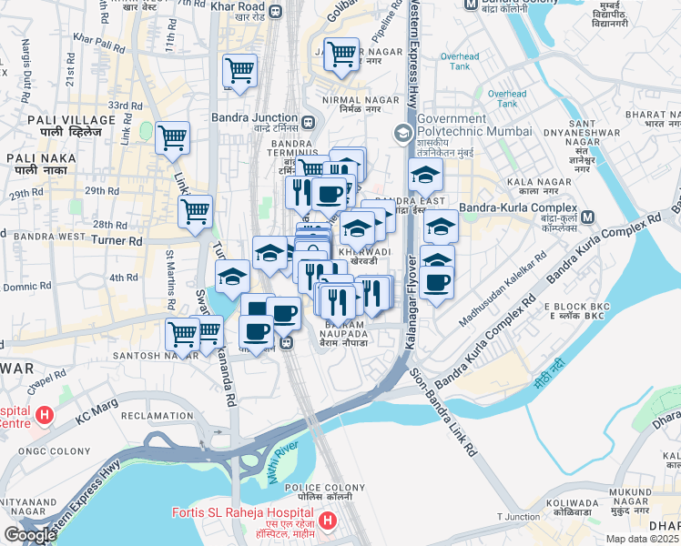 map of restaurants, bars, coffee shops, grocery stores, and more near Kherwadi Road in Mumbai