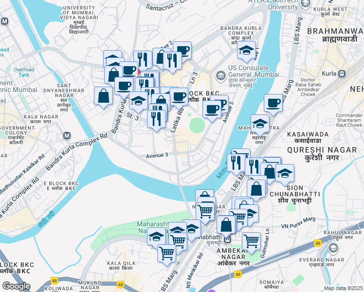 map of restaurants, bars, coffee shops, grocery stores, and more near एवेन्यू 3 in Mumbai