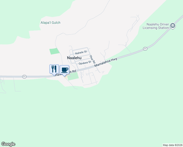 map of restaurants, bars, coffee shops, grocery stores, and more near 95-1145 Maia Street in Naalehu