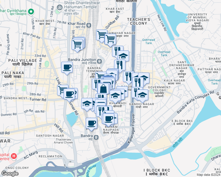 map of restaurants, bars, coffee shops, grocery stores, and more near Kherwadi Road in Mumbai