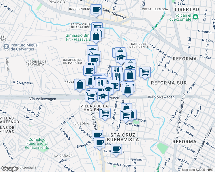 map of restaurants, bars, coffee shops, grocery stores, and more near 924 Ciprés in Heroica Puebla de Zaragoza