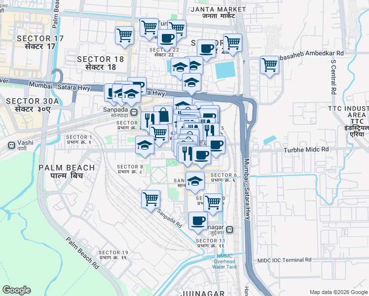 map of restaurants, bars, coffee shops, grocery stores, and more near Sanpada Station Road in Navi Mumbai