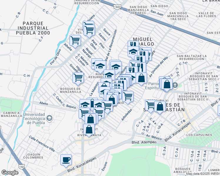 map of restaurants, bars, coffee shops, grocery stores, and more near 5416 25 de Diciembre in Puebla