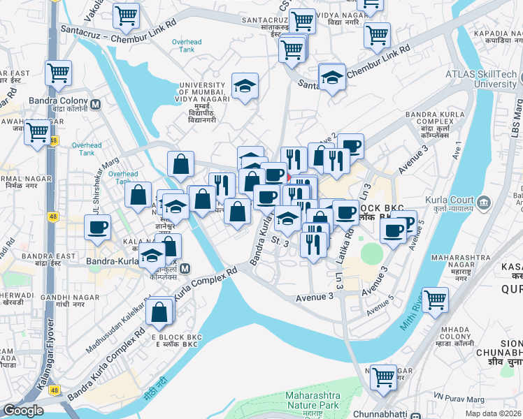 map of restaurants, bars, coffee shops, grocery stores, and more near Bandra Kurla Complex Road in Mumbai