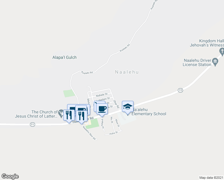 map of restaurants, bars, coffee shops, grocery stores, and more near 95-1204 Ohai Road in Naalehu