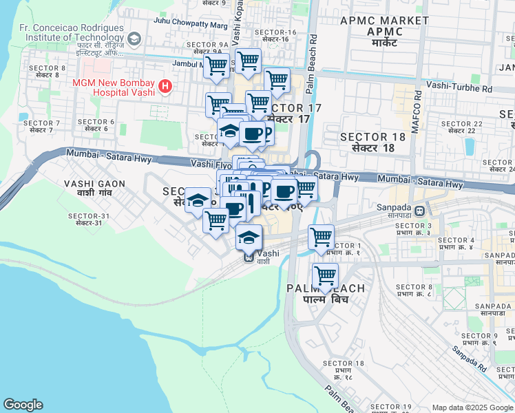 map of restaurants, bars, coffee shops, grocery stores, and more near in Navi Mumbai