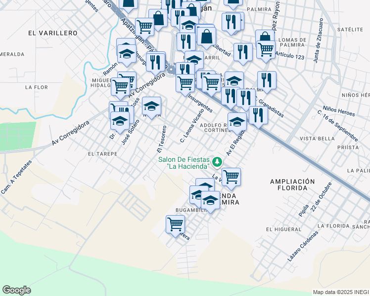 map of restaurants, bars, coffee shops, grocery stores, and more near in Apatzingán de La Constitución