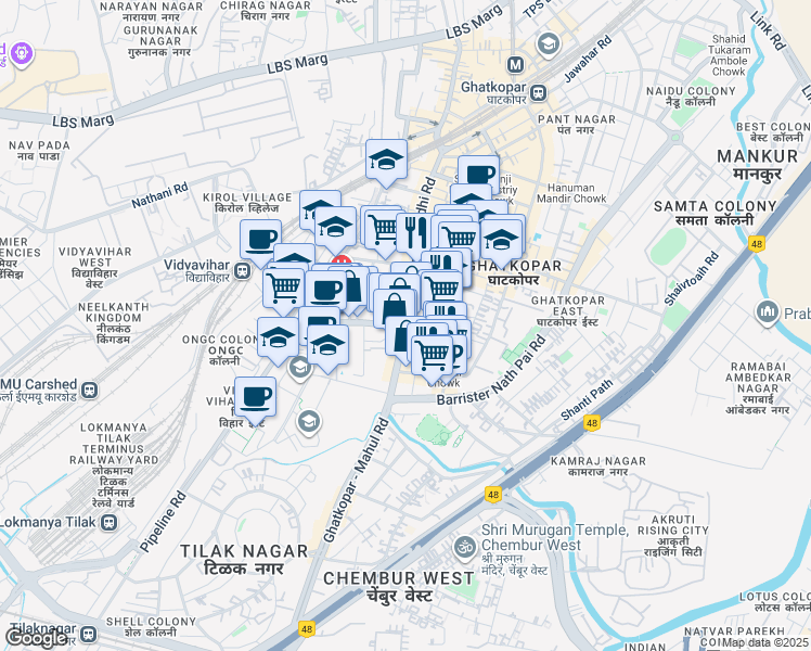 map of restaurants, bars, coffee shops, grocery stores, and more near Mahatma Gandhi Road in Mumbai