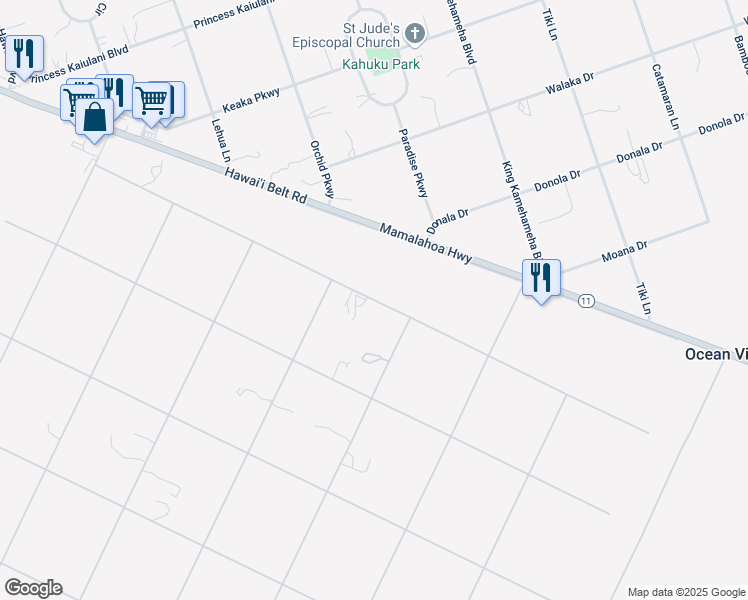 map of restaurants, bars, coffee shops, grocery stores, and more near Maile Drive in Ocean View