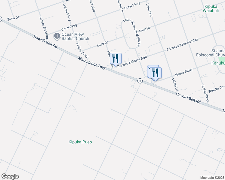 map of restaurants, bars, coffee shops, grocery stores, and more near 92-1297 Prince Kuhio Boulevard in Ocean View