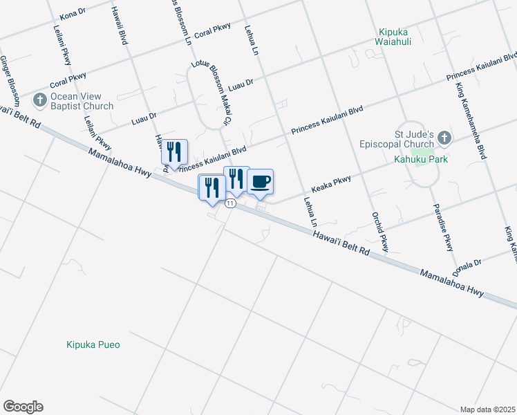 map of restaurants, bars, coffee shops, grocery stores, and more near 92-8676 Lotus Blossom Lane in Ocean View