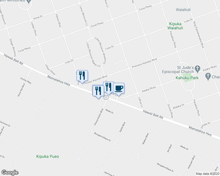 map of restaurants, bars, coffee shops, grocery stores, and more near 92-8704 Lotus Blossom Lane in Captain Cook