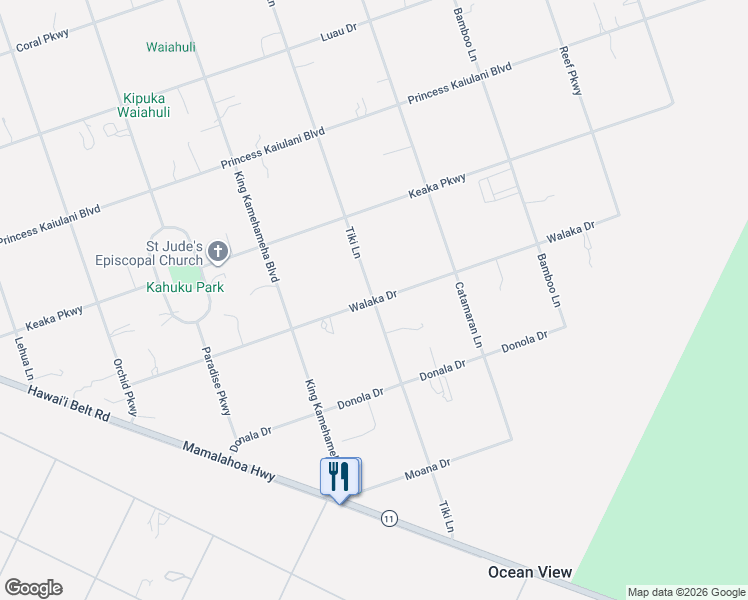 map of restaurants, bars, coffee shops, grocery stores, and more near Walaka Drive in Ocean View