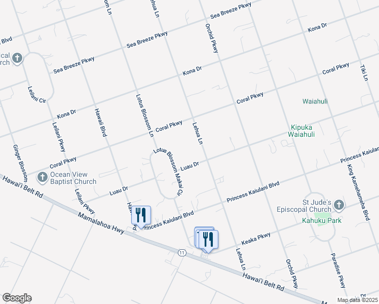 map of restaurants, bars, coffee shops, grocery stores, and more near 92-1535 Luau Drive in Ocean View