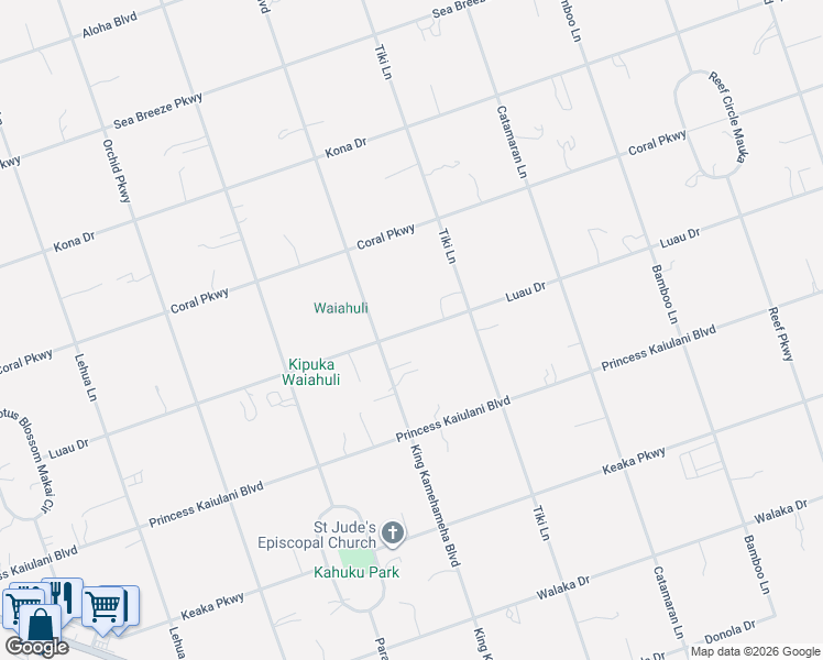 map of restaurants, bars, coffee shops, grocery stores, and more near Luau Drive in Ocean View