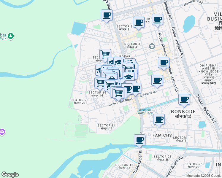 map of restaurants, bars, coffee shops, grocery stores, and more near 10 Sector 15 Road in Navi Mumbai