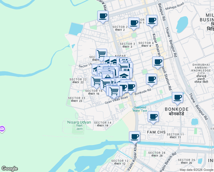 map of restaurants, bars, coffee shops, grocery stores, and more near 10 Sector 15 Road in Navi Mumbai