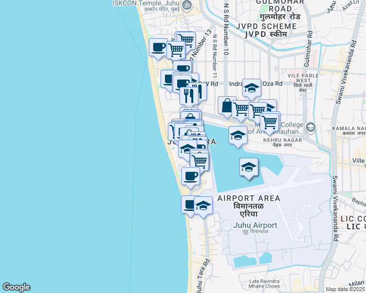 map of restaurants, bars, coffee shops, grocery stores, and more near Juhu Tara Road in Mumbai