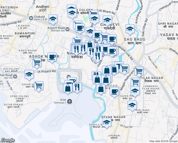 map of restaurants, bars, coffee shops, grocery stores, and more near IA Project Road in Andheri