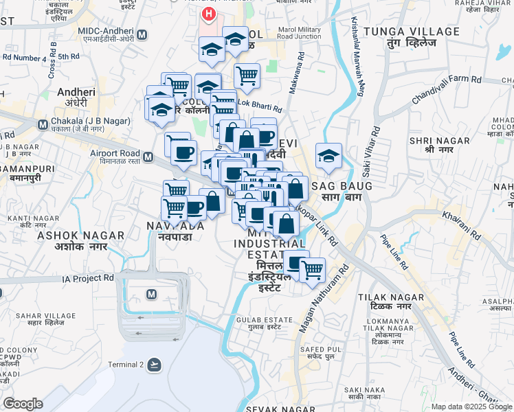map of restaurants, bars, coffee shops, grocery stores, and more near Andheri - Kurla Road in Mumbai