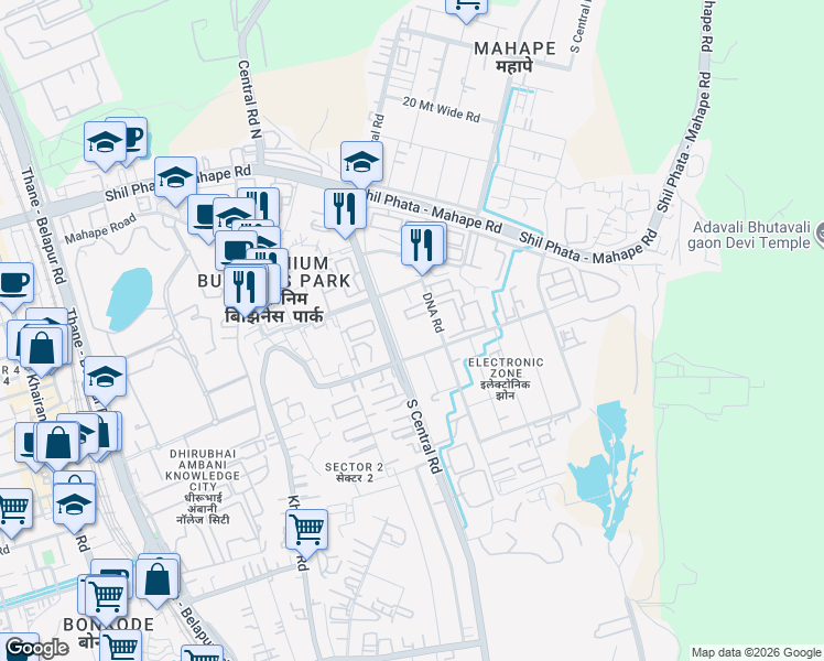map of restaurants, bars, coffee shops, grocery stores, and more near Central Road in Navi Mumbai