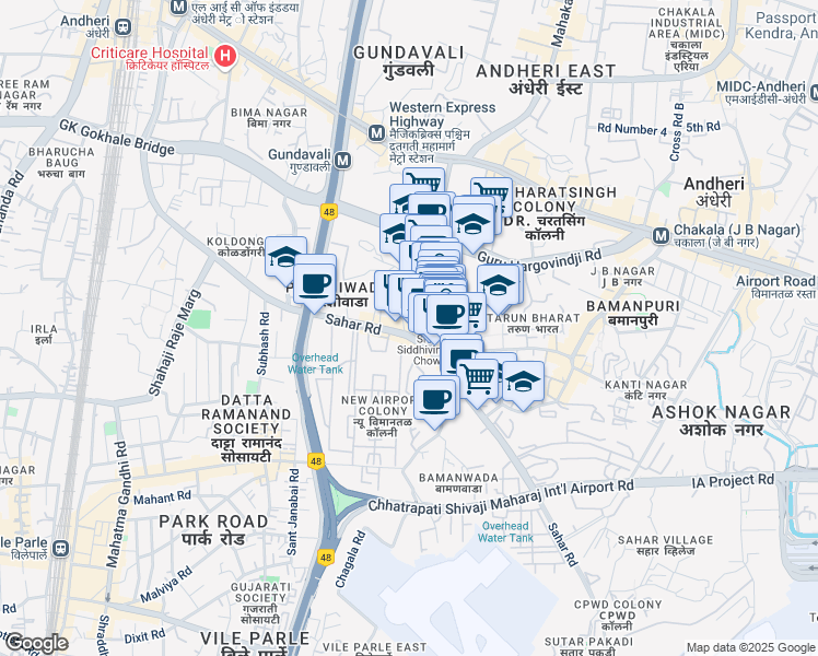 map of restaurants, bars, coffee shops, grocery stores, and more near Sahar Road in Mumbai
