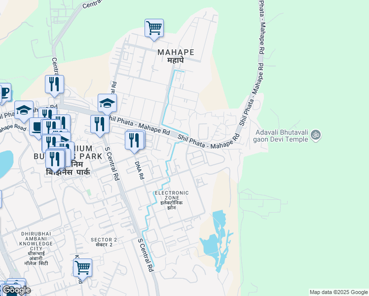 map of restaurants, bars, coffee shops, grocery stores, and more near Mahape Road in Navi Mumbai
