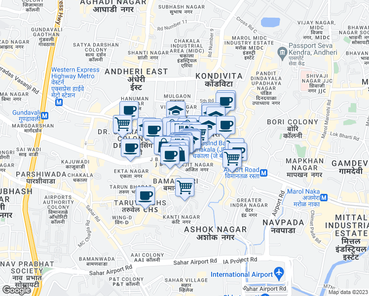 map of restaurants, bars, coffee shops, grocery stores, and more near Andheri - Kurla Road in Mumbai