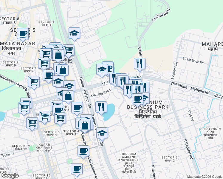 map of restaurants, bars, coffee shops, grocery stores, and more near Mahape Road in Navi Mumbai