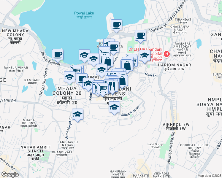 map of restaurants, bars, coffee shops, grocery stores, and more near Central Avenue in Mumbai