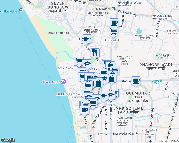 map of restaurants, bars, coffee shops, grocery stores, and more near Nirmala Devi Arun Kumar Ahuja Road in Mumbai
