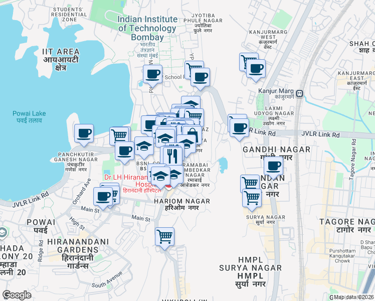 map of restaurants, bars, coffee shops, grocery stores, and more near Ground Floor, Shivrajani Building, Opp I.I.T Main Gate, Near Powai English High School in Mumbai