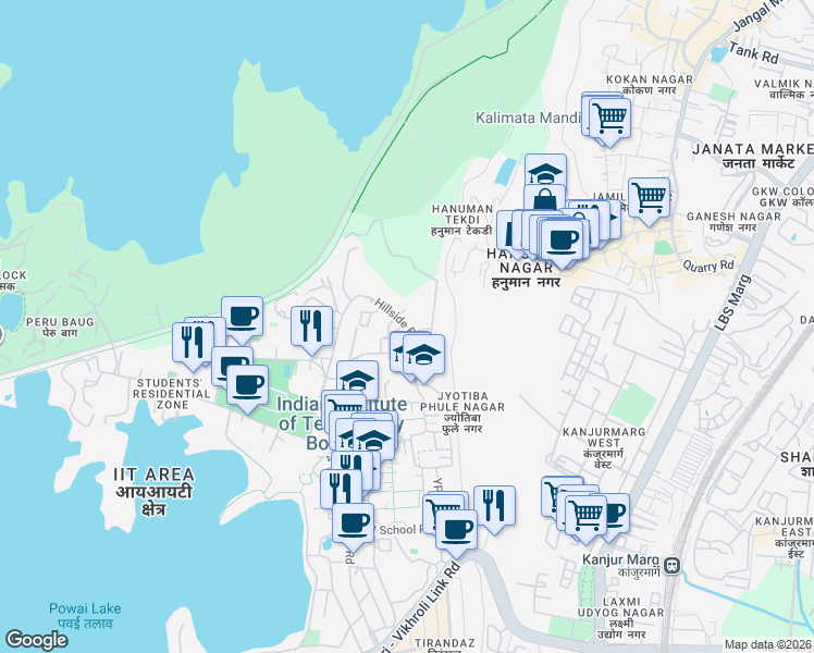 map of restaurants, bars, coffee shops, grocery stores, and more near Hillside Road in Mumbai