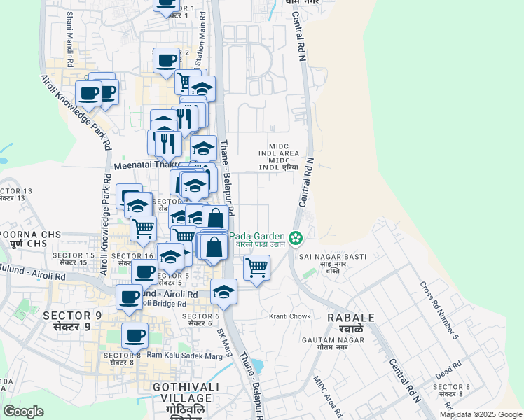 map of restaurants, bars, coffee shops, grocery stores, and more near 48 Thane - Belapur Road in Navi Mumbai