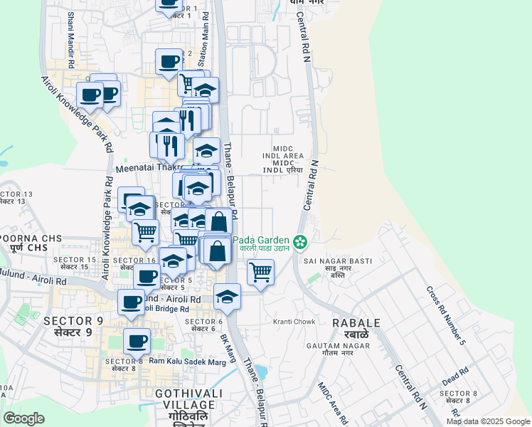 map of restaurants, bars, coffee shops, grocery stores, and more near 48 Thane - Belapur Road in Navi Mumbai