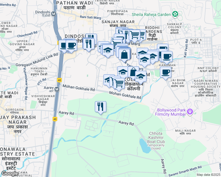 map of restaurants, bars, coffee shops, grocery stores, and more near 1 Mohan Gokhale Road in Mumbai
