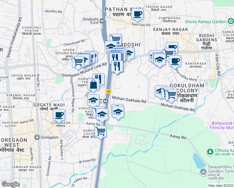 map of restaurants, bars, coffee shops, grocery stores, and more near 1 Mohan Gokhale Road in Mumbai