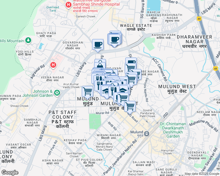map of restaurants, bars, coffee shops, grocery stores, and more near NS Road in Mumbai