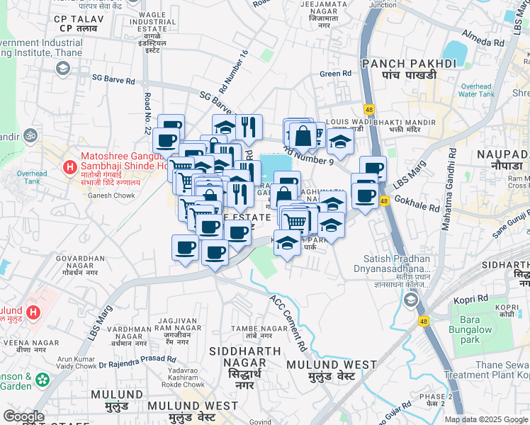 map of restaurants, bars, coffee shops, grocery stores, and more near Road Number 1 in Thane