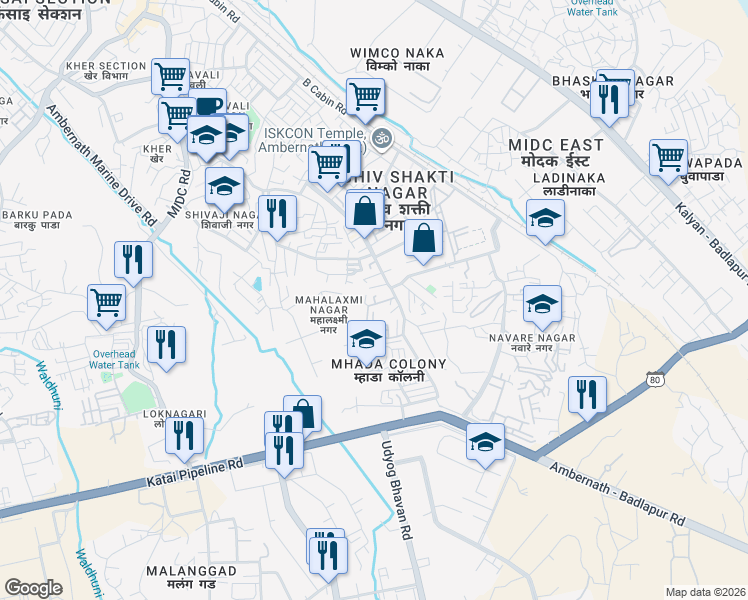 map of restaurants, bars, coffee shops, grocery stores, and more near Royal Park Road in Ambernath
