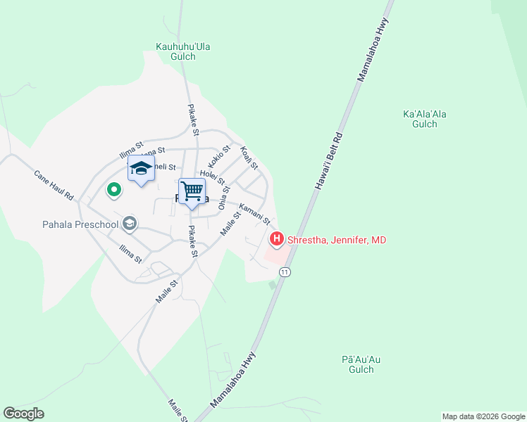 map of restaurants, bars, coffee shops, grocery stores, and more near 96 Kamani Street in Pahala